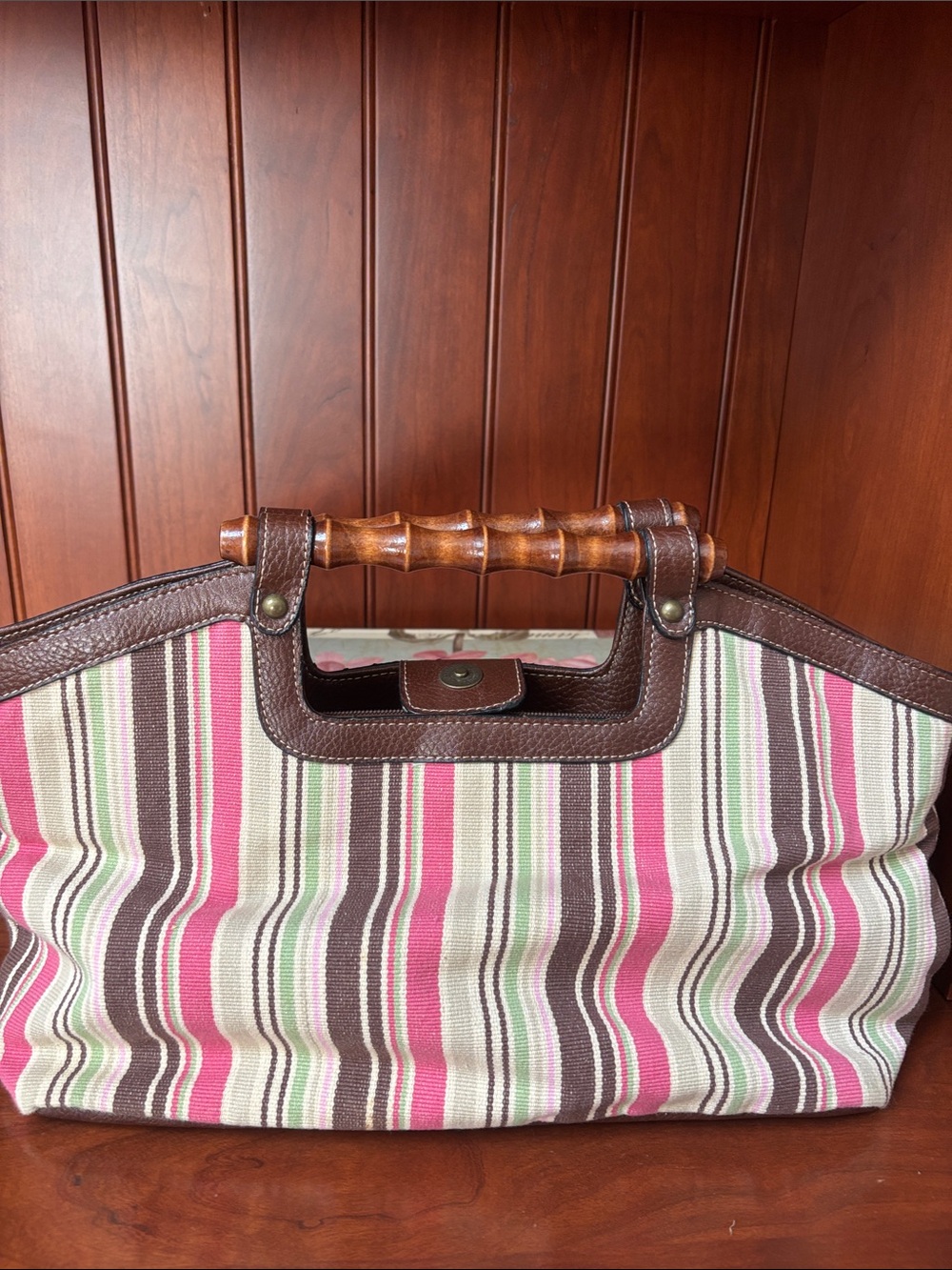 Striped Pink and Brown Bamboo-Handle Tote Bag